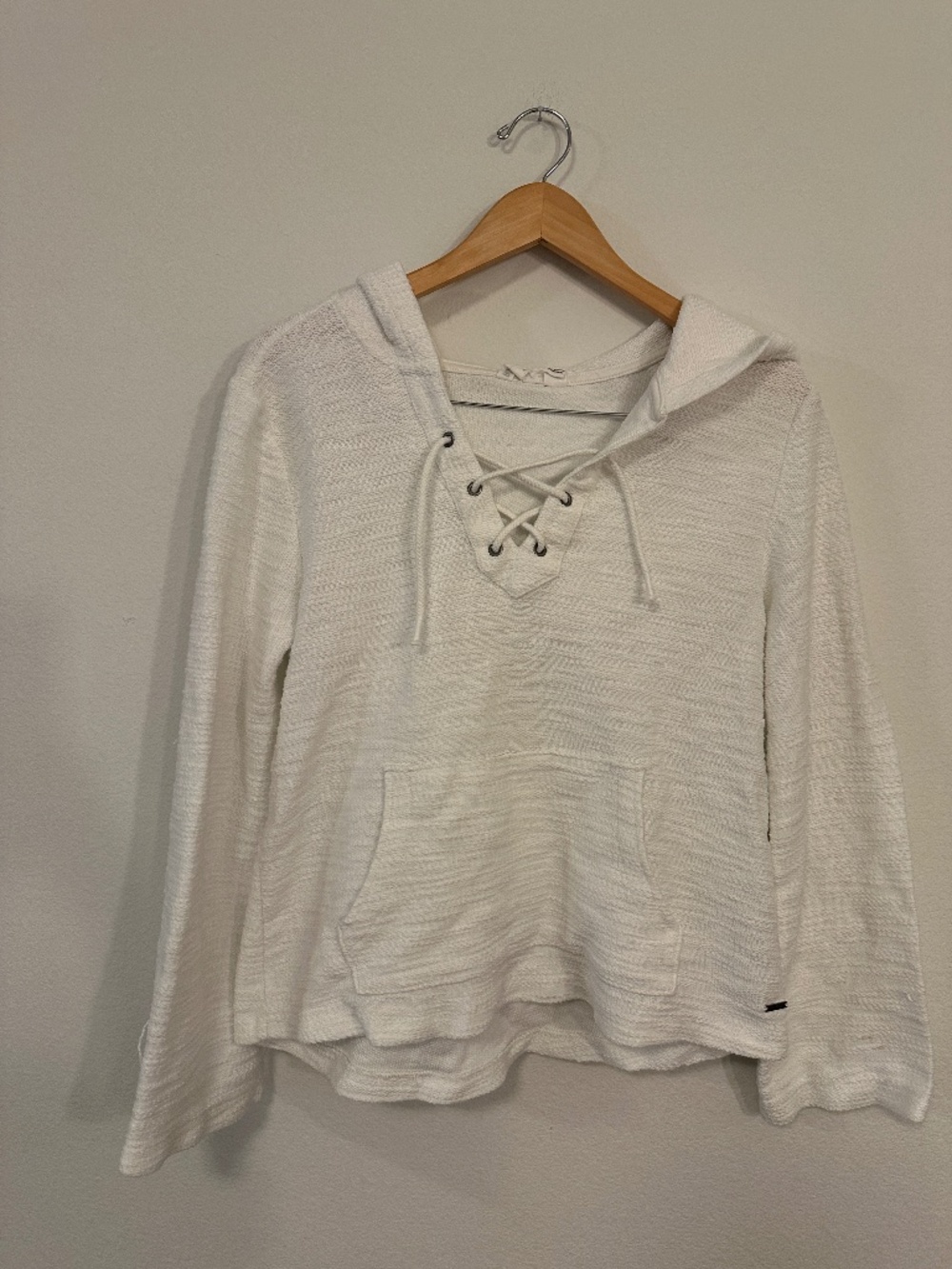 Roxy White Lace Up Pullover Hoodie Women's M Organic Cotton Kangaroo Pocket